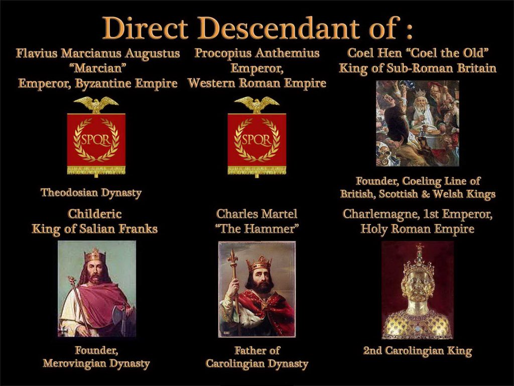 Direct descendant of Byzantine Empire, Roman Empire, Merovingian Dynasty, Carolingian Dynasty